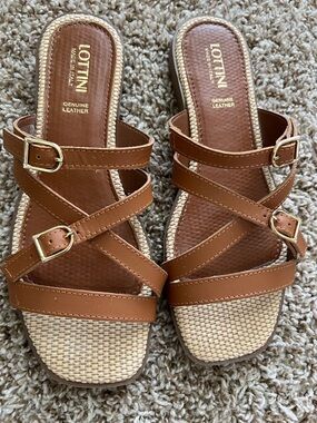 Lottini Brown Leather Strappy Slide Sandals